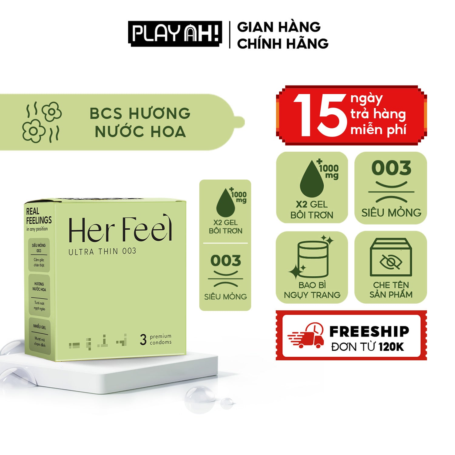 Bao cao su PlayAh Her Feel Ultra Thin 0.03 siêu mỏng nhiều gel cao cấp